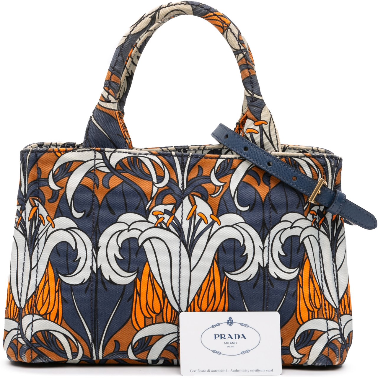 Prada Small Floral Printed Canvas Canapa Satchel Blauw