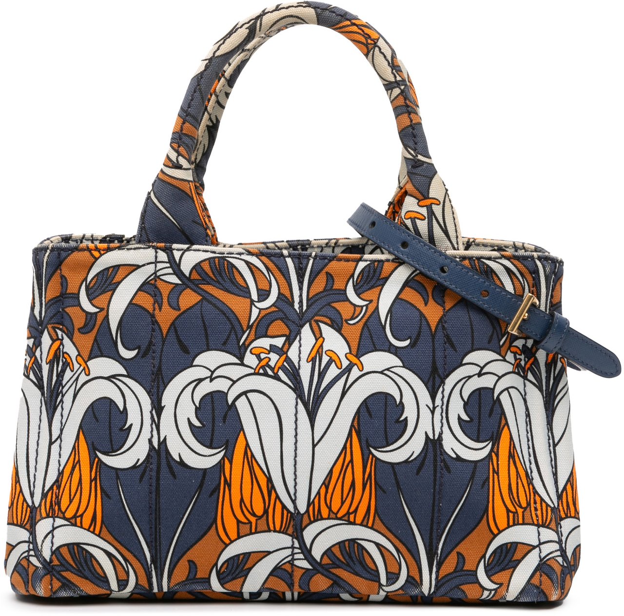 Prada Small Floral Printed Canvas Canapa Satchel Blauw