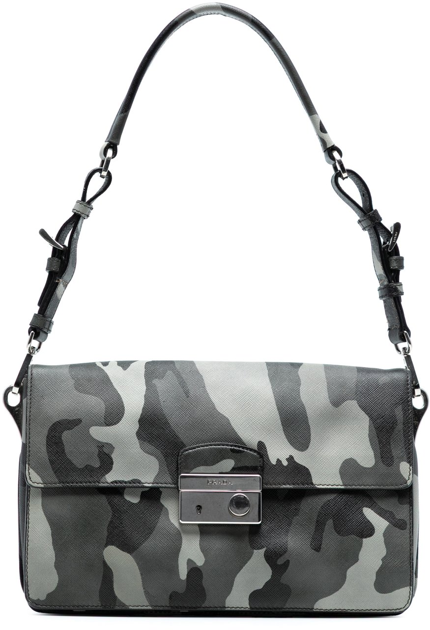 Prada Saffiano Camouflage Sound Lock Shoulder Bag Grijs