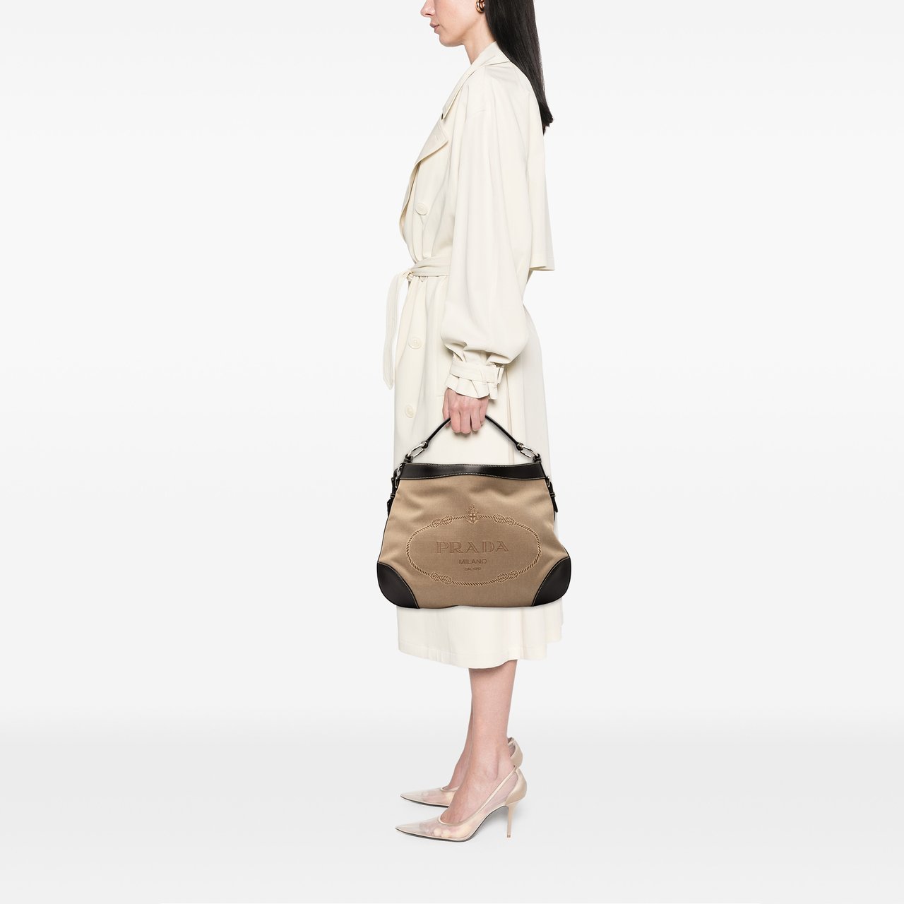 Prada Canvas Canapa Logo Hobo Bruin
