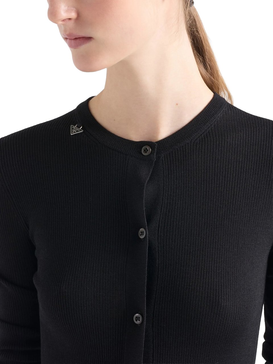 Prada Black Superfine Wool Ribbed Cardigan Zwart
