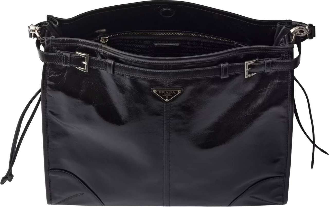 Prada Black Bandoliera Glossy Leather Shoulder Bag Zwart
