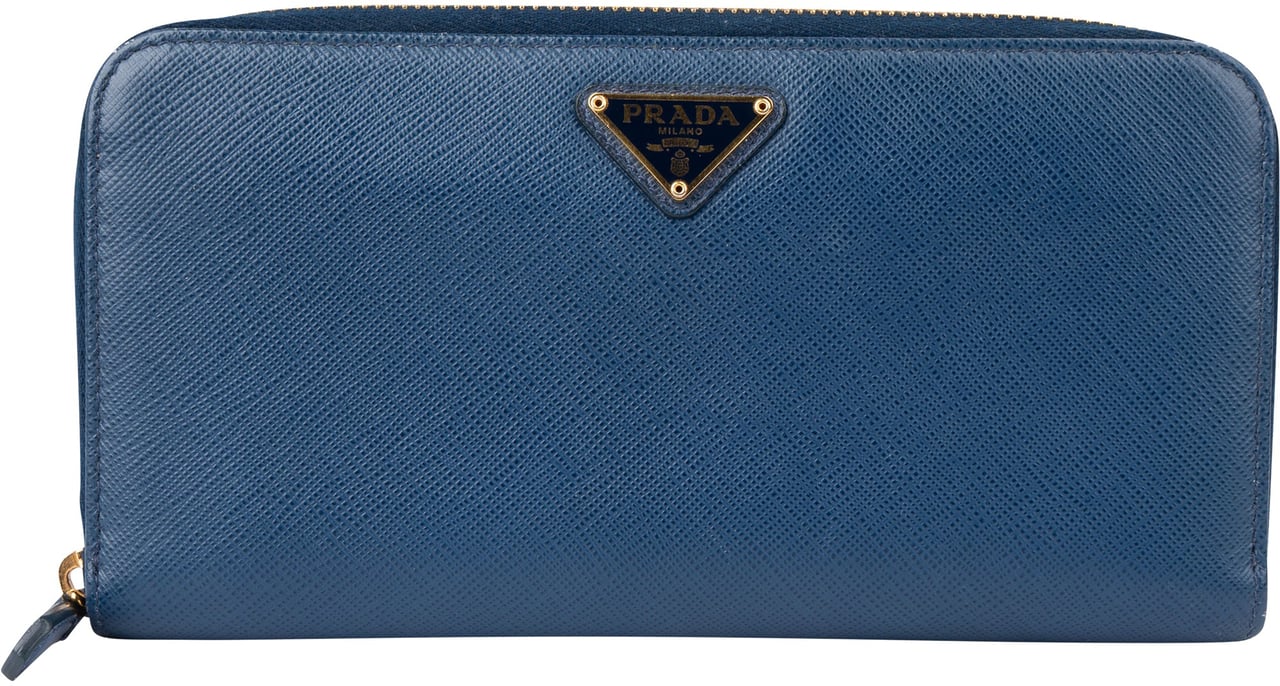 Prada Prada Blue Saffiano Leather Triangle Wallet Blauw