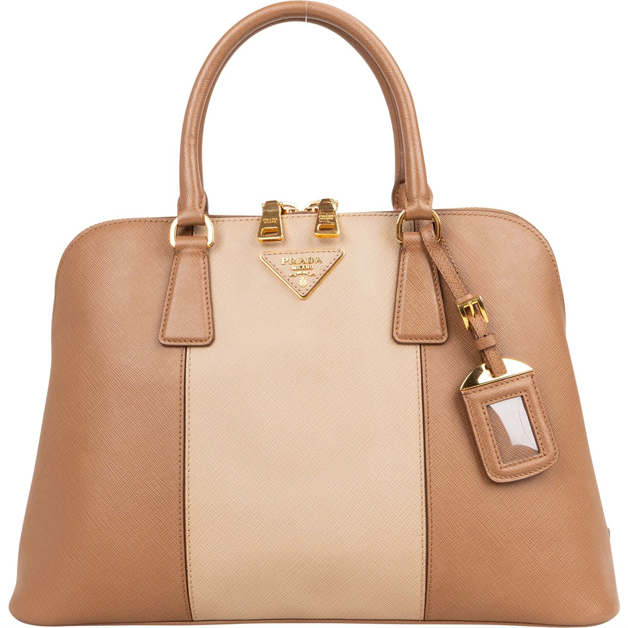 Prada Prada Bicolor Brown Saffiano Leather Promenade Handbag Beige