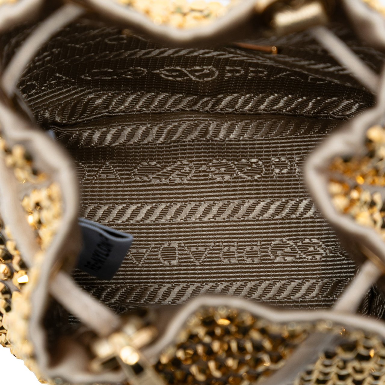 Prada Mini Re Nylon Crystal Embellished Drawstring Bucket Bag Goud