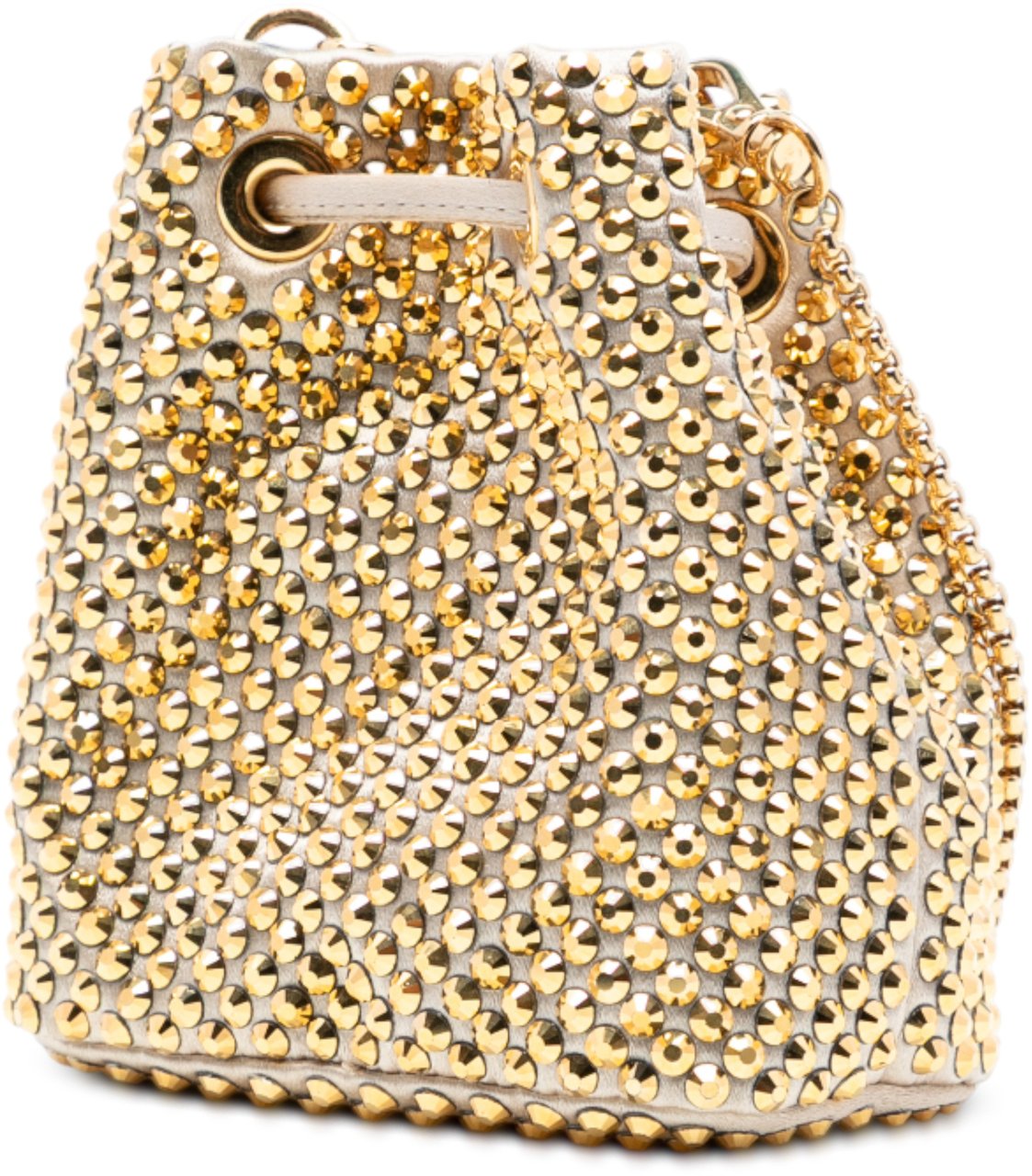 Prada Mini Re Nylon Crystal Embellished Drawstring Bucket Bag Goud