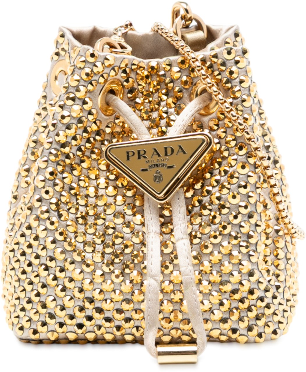 Prada Mini Re Nylon Crystal Embellished Drawstring Bucket Bag Goud