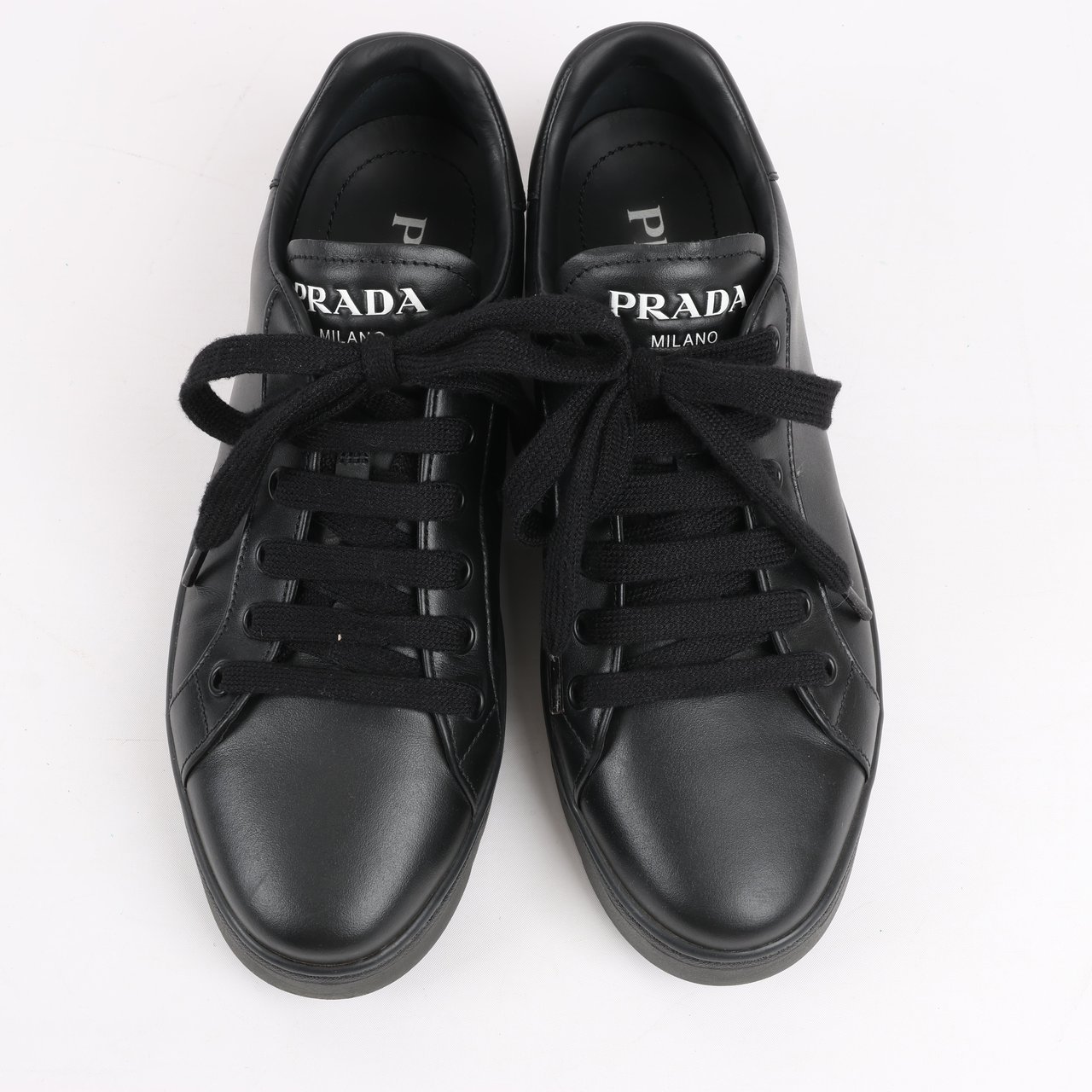 Prada PRADA Logo Leather Sneakers in Black × White 1E282N, Size 37.5 EU Zwart