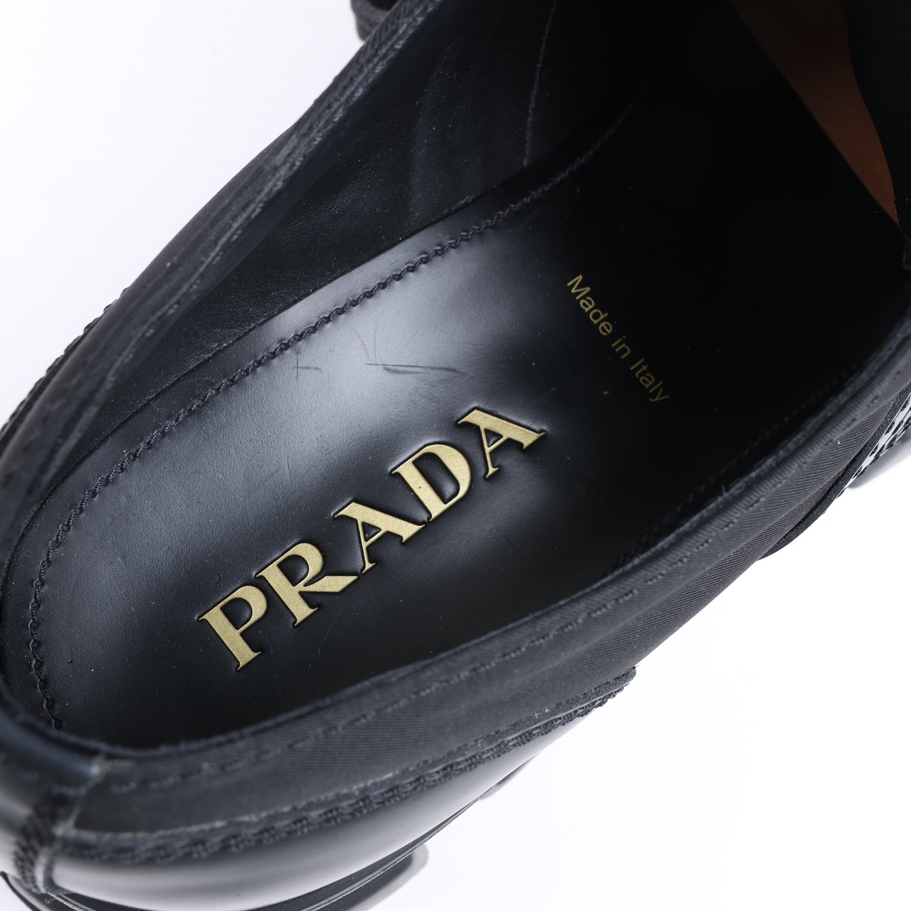 Prada Monolith Nylon & Leather Leather Loafers in Black 2EE342, Size 42 EU Zwart