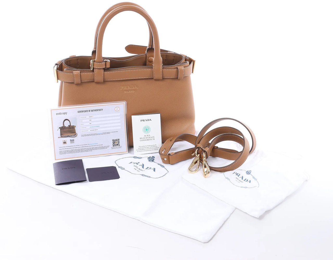 Prada Buckle Soft Grain Leather Small 2Way Handbag in Brown 1BA418 Bruin