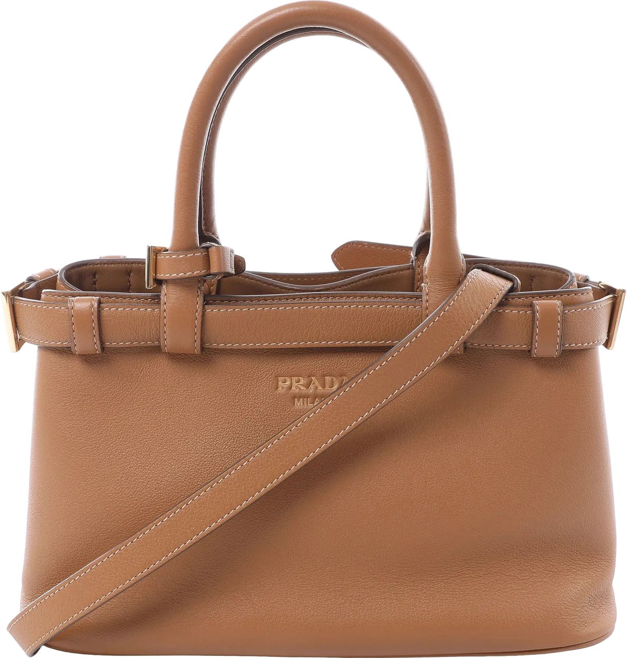 Prada Buckle Soft Grain Leather Small 2Way Handbag in Brown 1BA418 Bruin