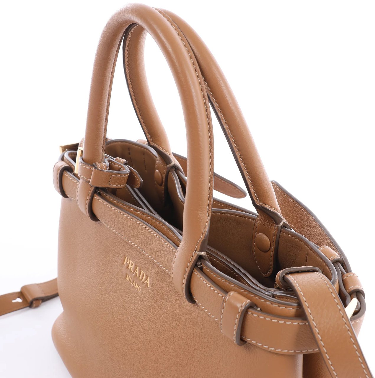 Prada Buckle Soft Grain Leather Small 2Way Handbag in Brown 1BA418 Bruin
