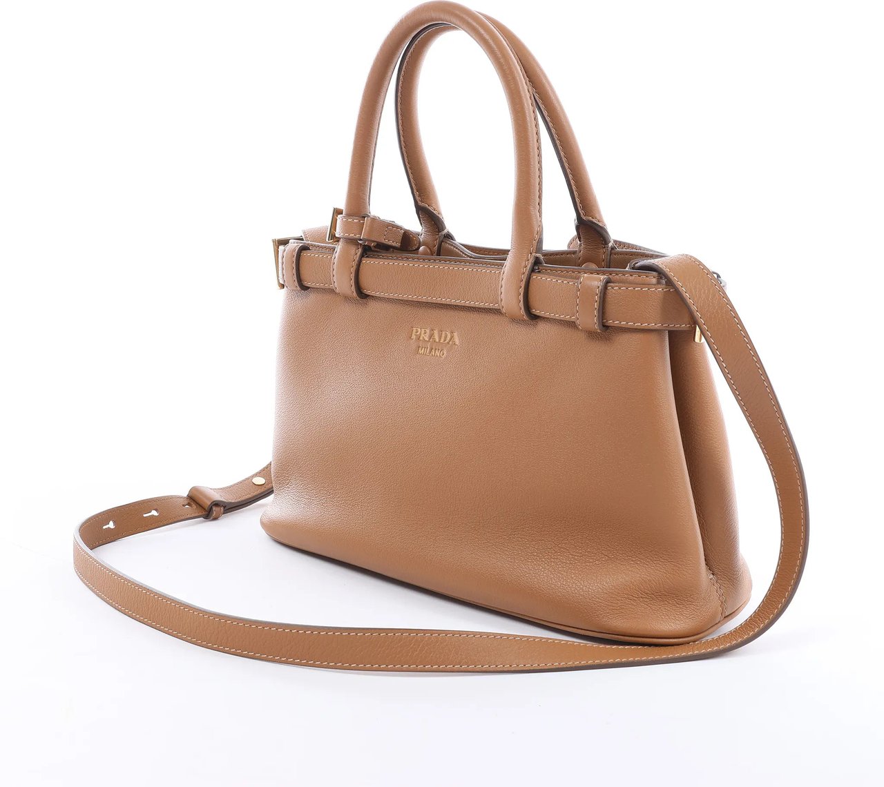 Prada Buckle Soft Grain Leather Small 2Way Handbag in Brown 1BA418 Bruin