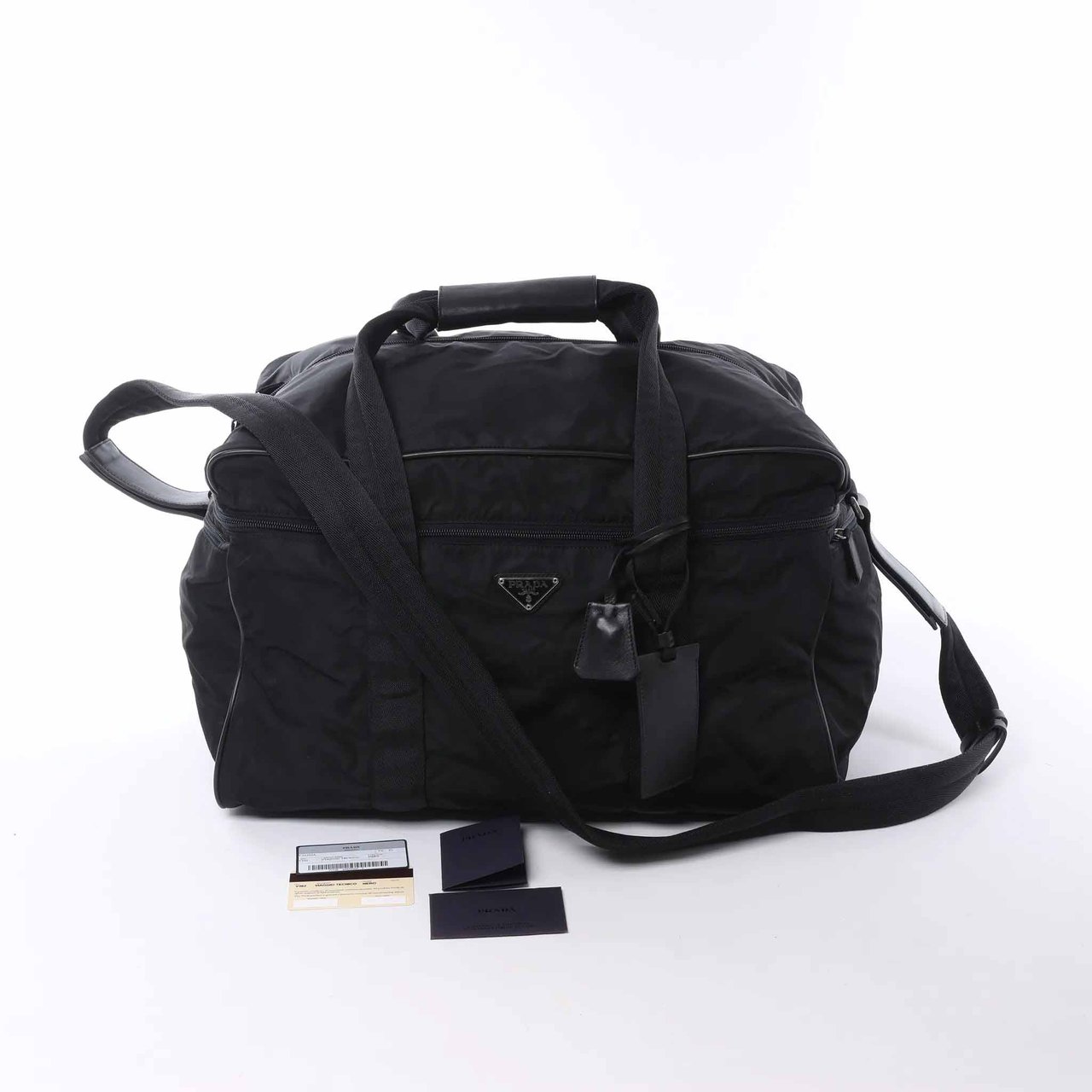 Prada Tessuto Nylon x Leather 2Way Travel Bag in Black 7V362 Zwart