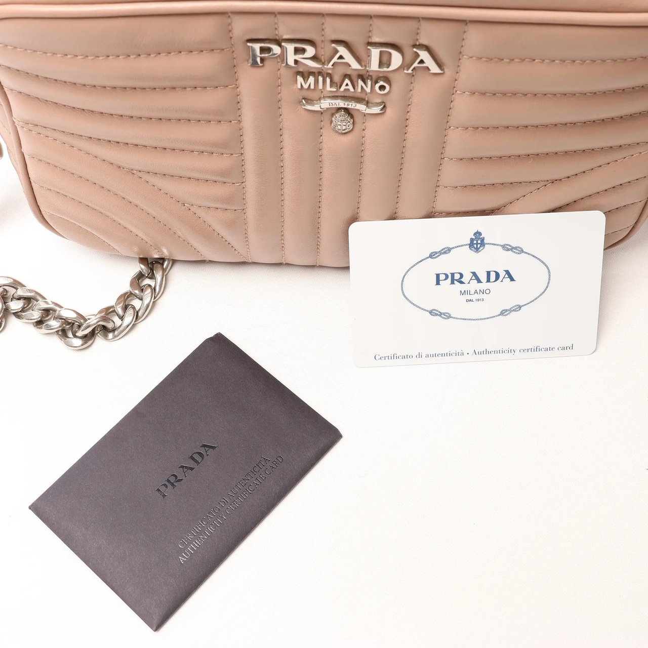 Prada Diagram Leather Chain Crossbody Bag in Pink 1BH083 Roze