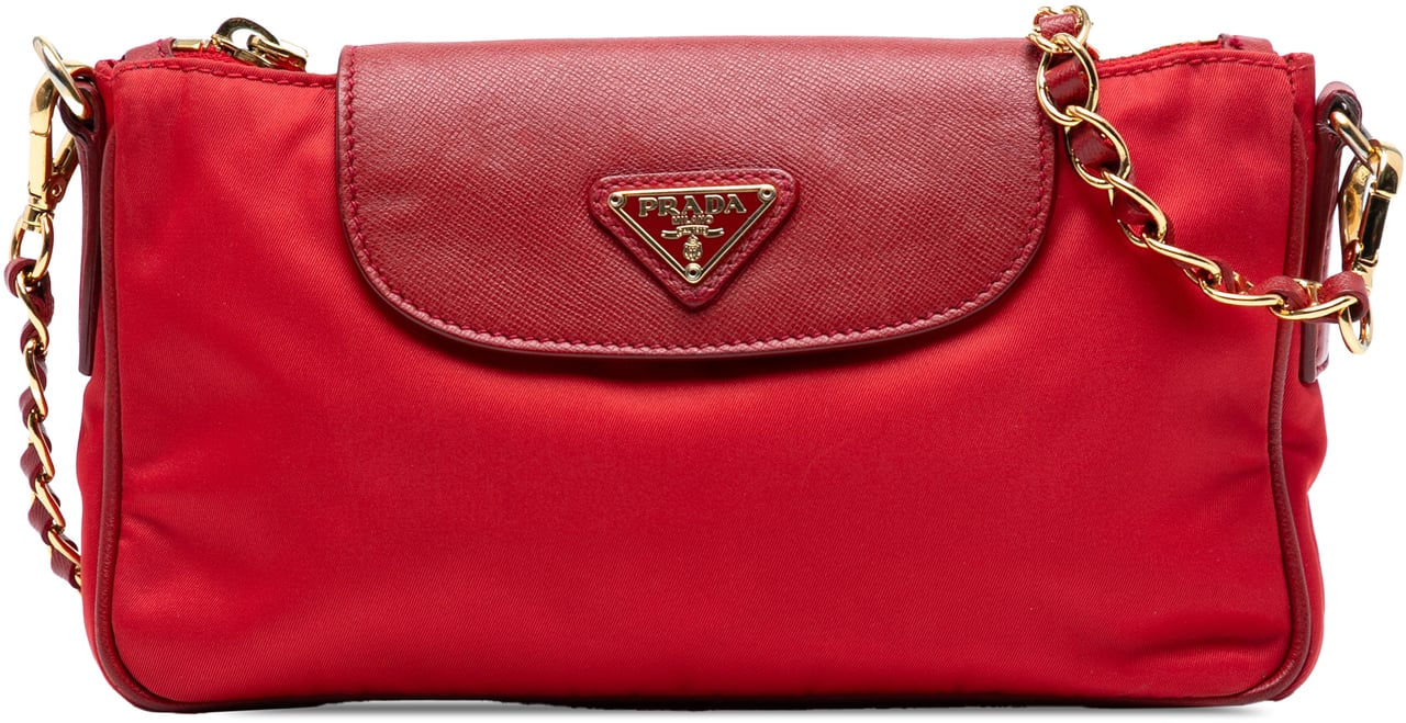 Prada Saffiano Trimmed Tessuto Chain Crossbody Rood