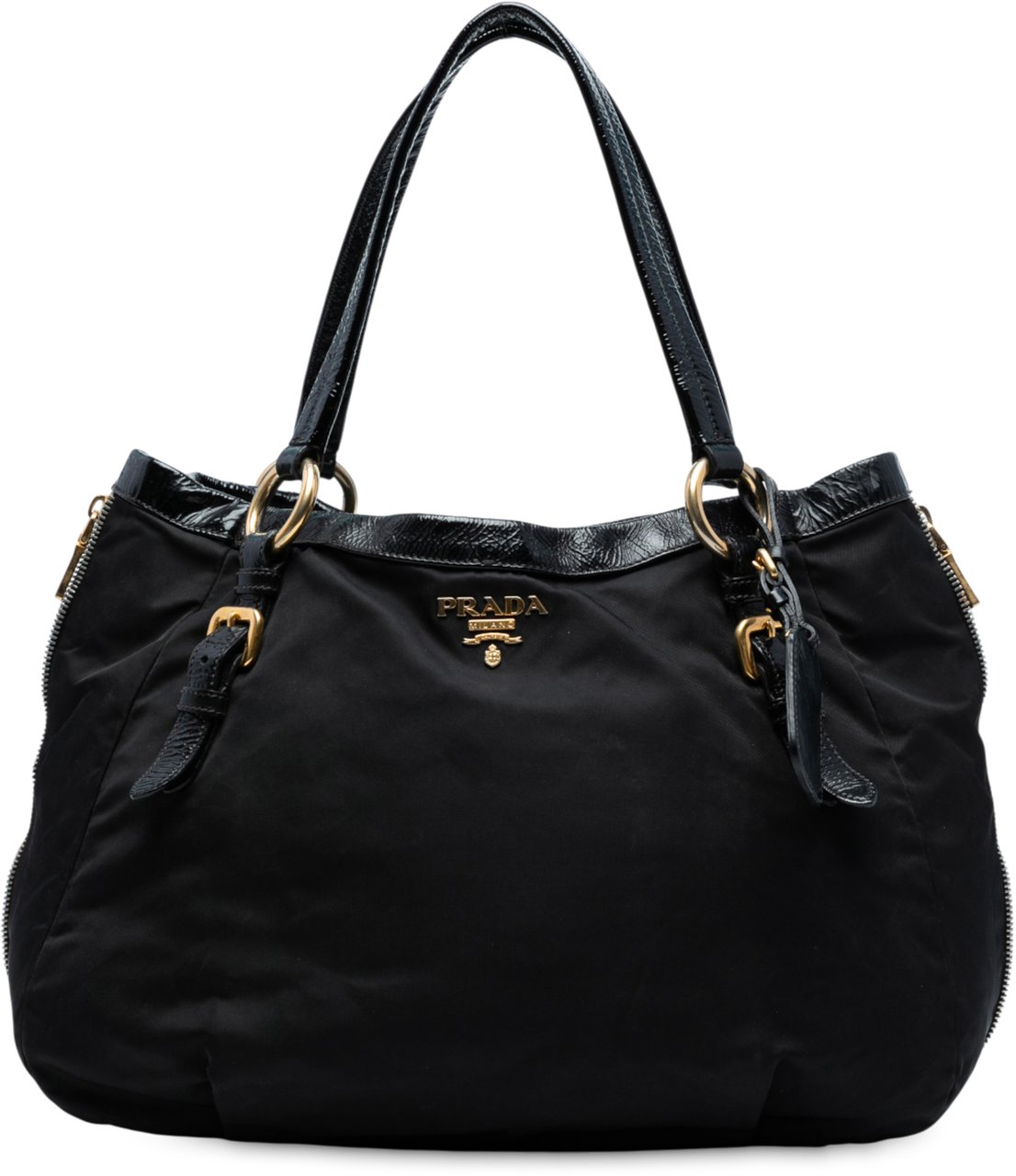 Prada Naplak Trimmed Tessuto Side Zip Tote Zwart