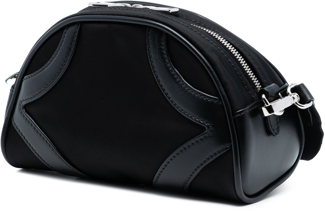 Prada Soft Calf Trimmed Tessuto Bowling Crossbody Zwart