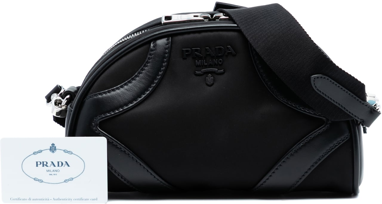 Prada Soft Calf Trimmed Tessuto Bowling Crossbody Zwart