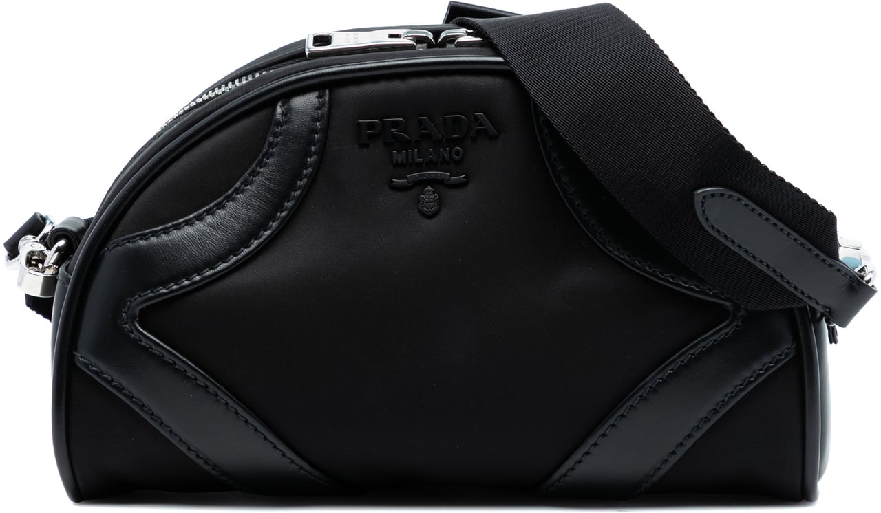 Prada Soft Calf Trimmed Tessuto Bowling Crossbody Zwart