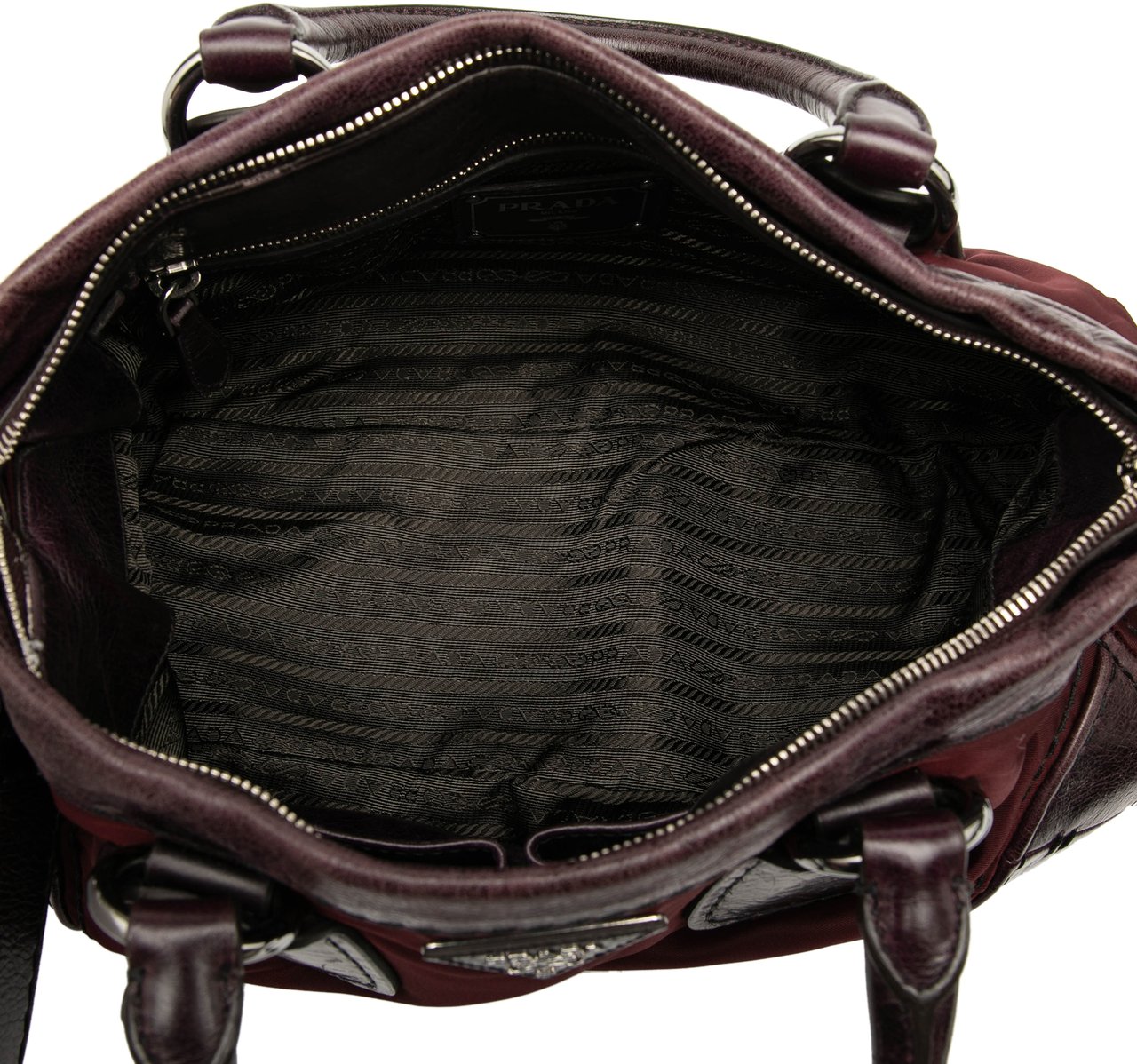 Prada Soft Calf Trimmed Tessuto Zip Top Satchel Rood