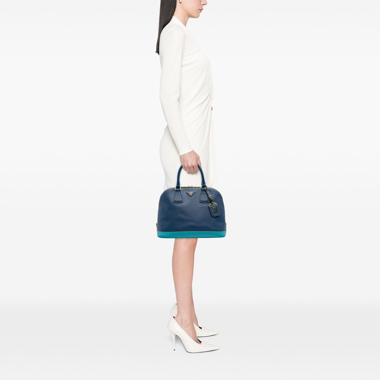Prada Bicolor Saffiano Lux Promenade Dome Handbag Blauw