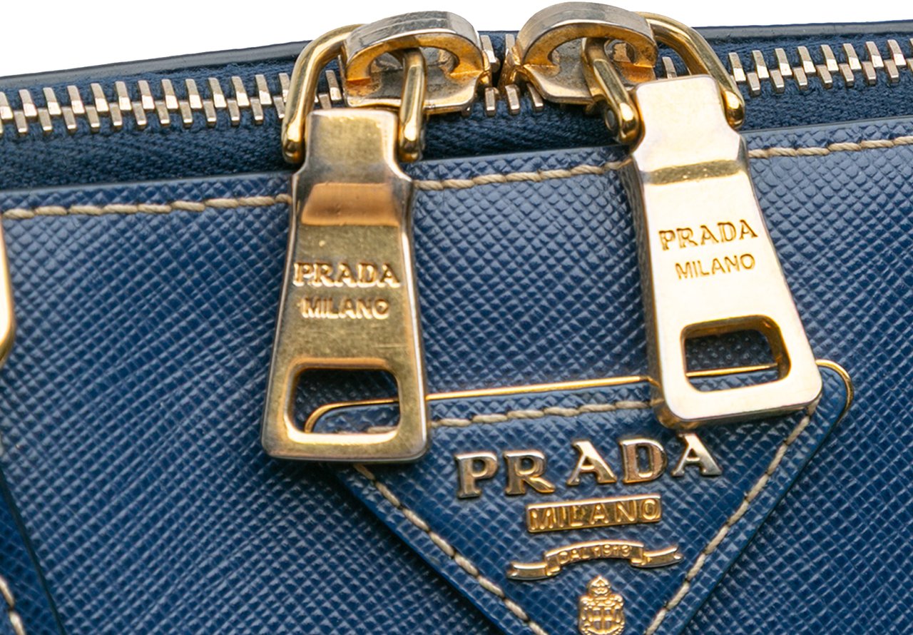 Prada Bicolor Saffiano Lux Promenade Dome Handbag Blauw