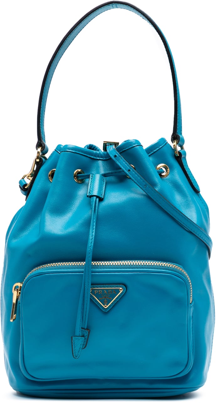 Prada Mini Soft Calf Drawstring Bucket Bag Blauw