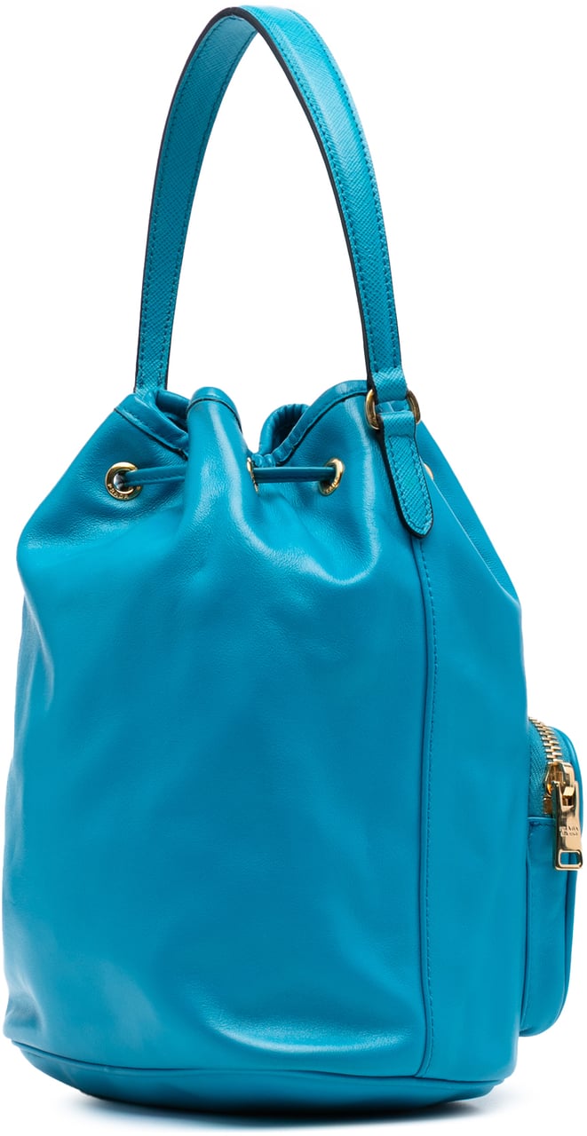 Prada Mini Soft Calf Drawstring Bucket Bag Blauw