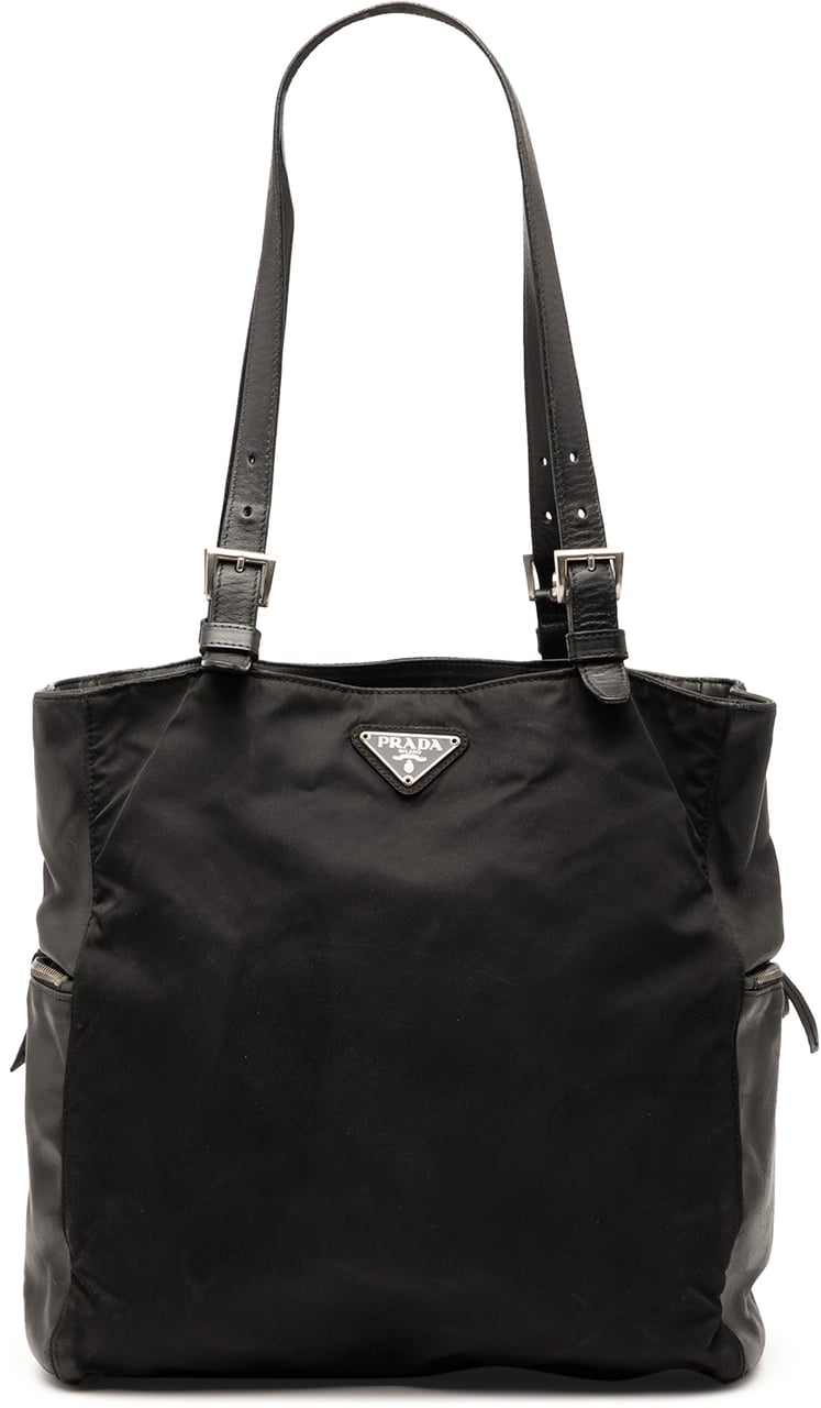 Prada Vitello Trimmed Tessuto Pockets Tote Zwart