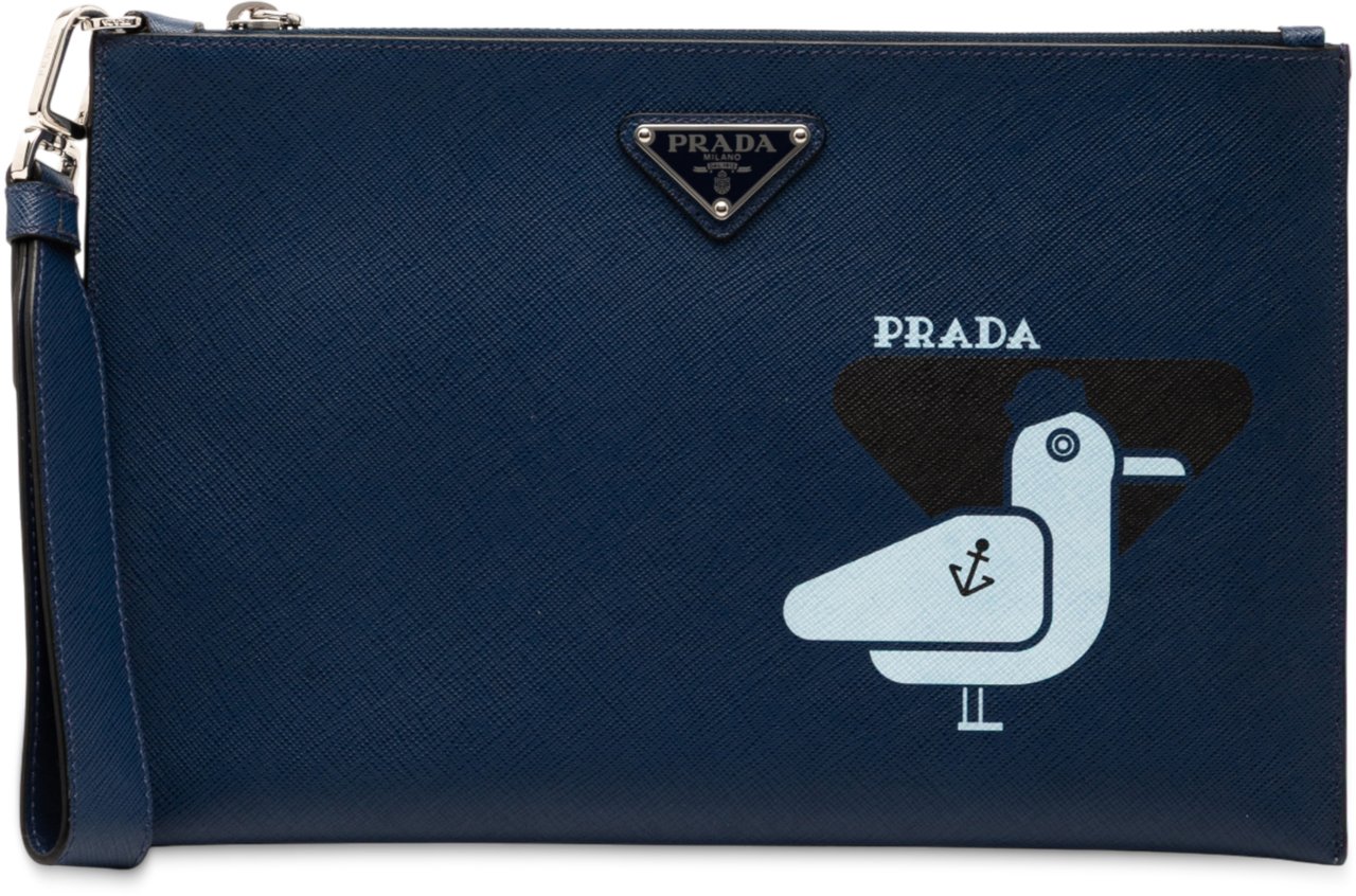 Prada Saffiano Seagull Print Clutch Blauw