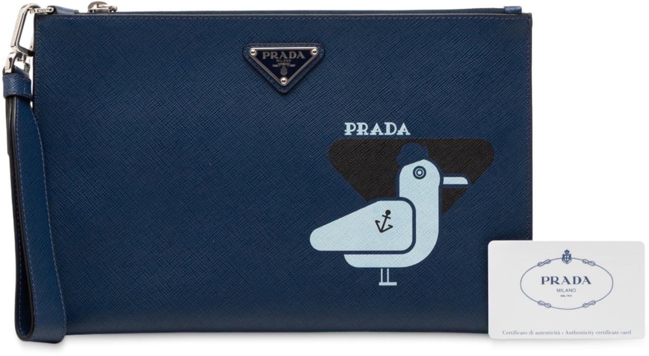 Prada Saffiano Seagull Print Clutch Blauw