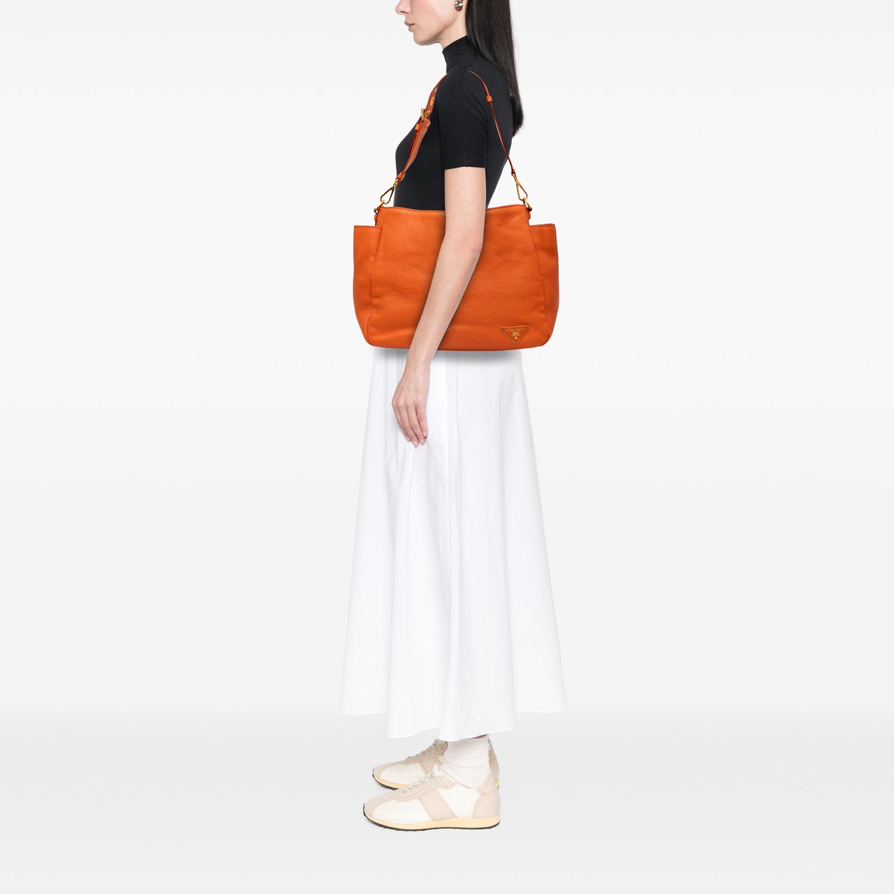 Prada Vitello Daino Side Pocket Shoulder Bag Oranje