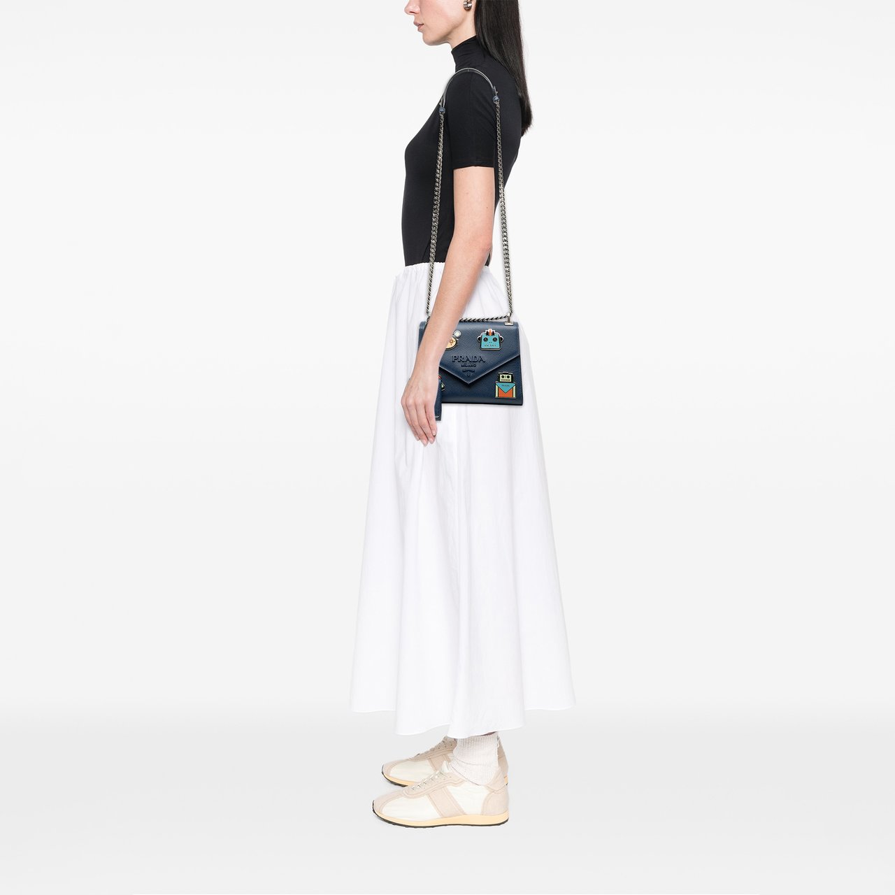 Prada Saffiano Cuir Monochrome Robot Patches Envelope Chain Flap Blauw