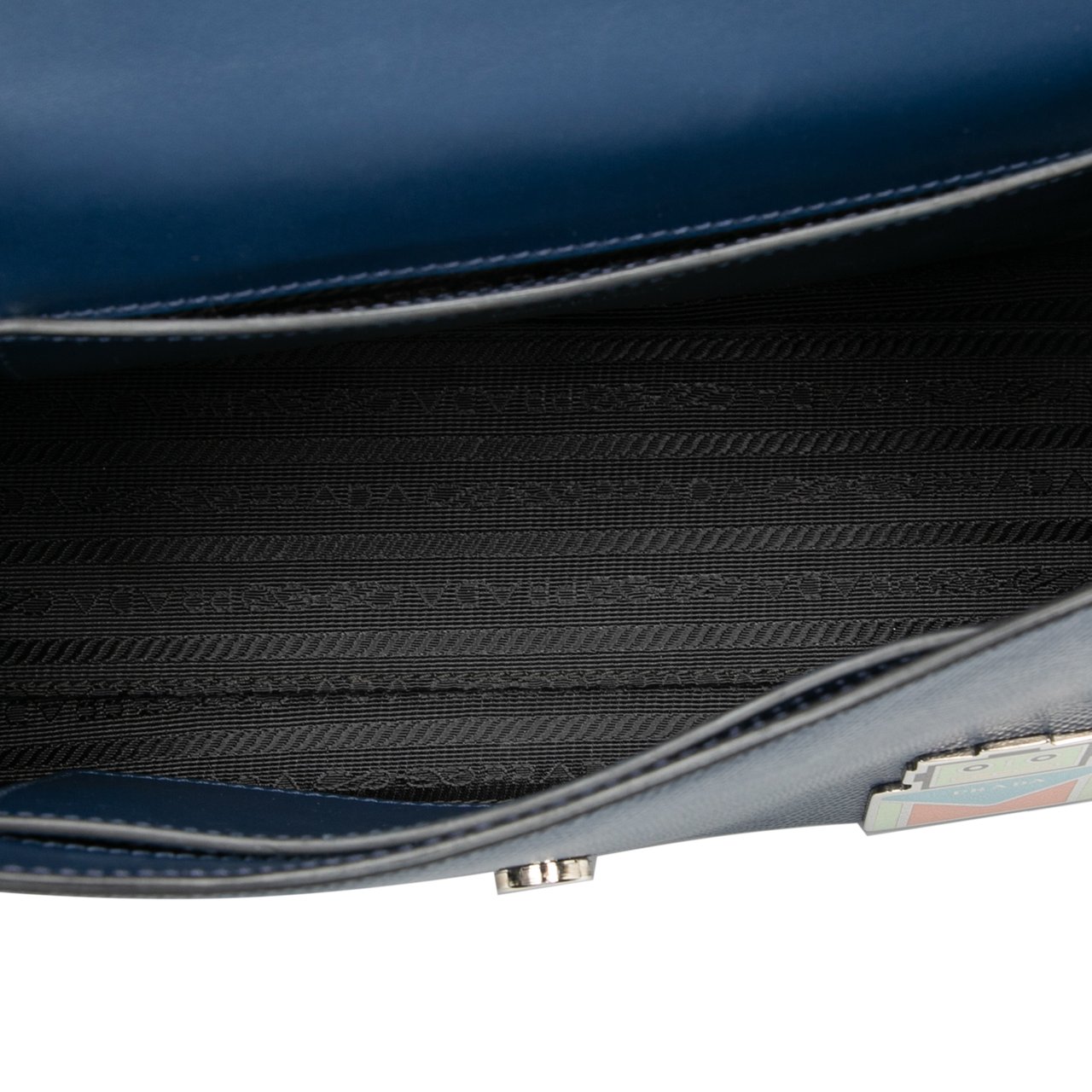 Prada Saffiano Cuir Monochrome Robot Patches Envelope Chain Flap Blauw