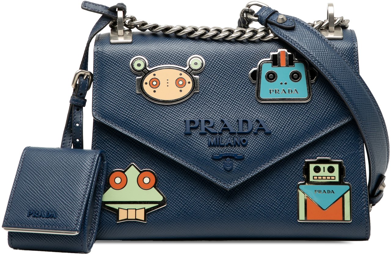 Prada Saffiano Cuir Monochrome Robot Patches Envelope Chain Flap Blauw