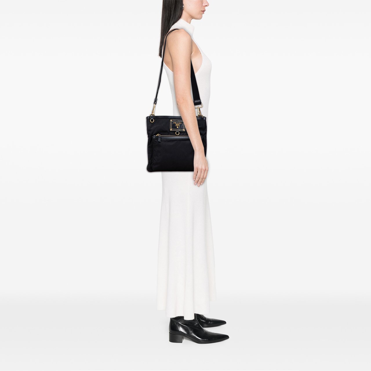 Prada Saffiano Trimmed Tessuto Snap Crossbody Zwart