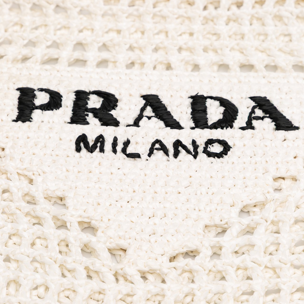 Prada Raffia Effect Crochet Logo Embroidered Tote Wit