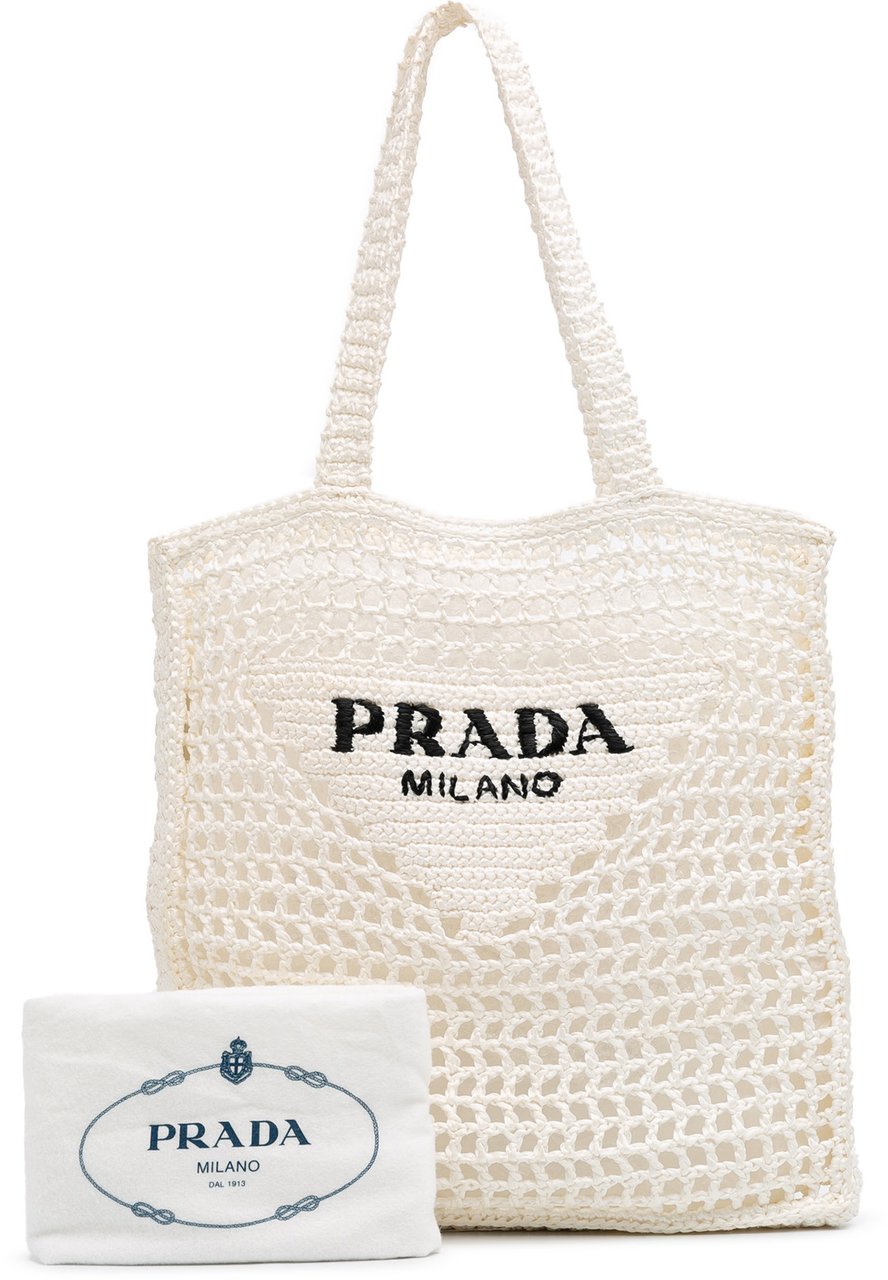 Prada Raffia Effect Crochet Logo Embroidered Tote Wit
