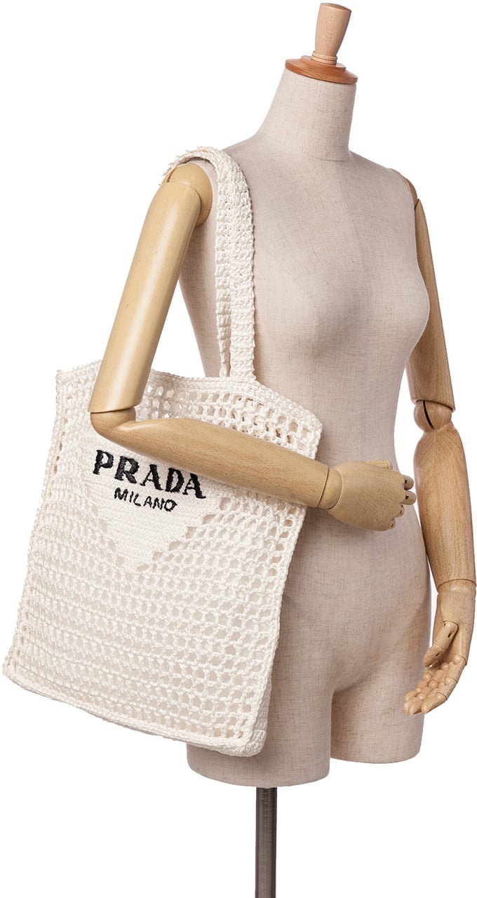 Prada Raffia Effect Crochet Logo Embroidered Tote Wit