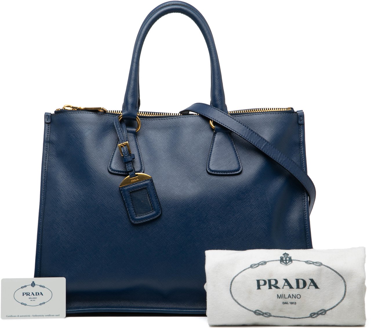 Prada Saffiano Double Zip Open Convertible Tote Blauw