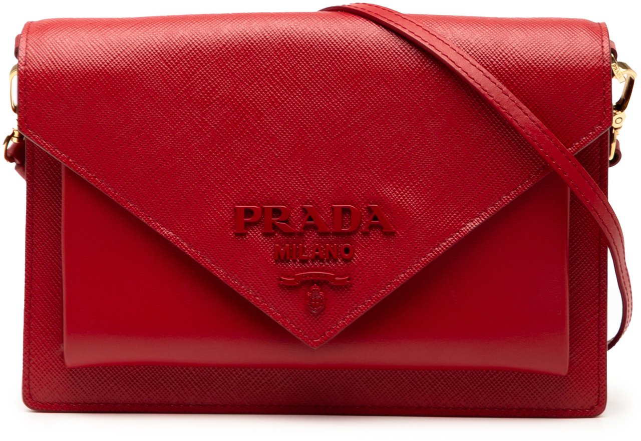 Prada Mini City Calf Trimmed Saffiano Monochrome Envelope Crossbody Rood