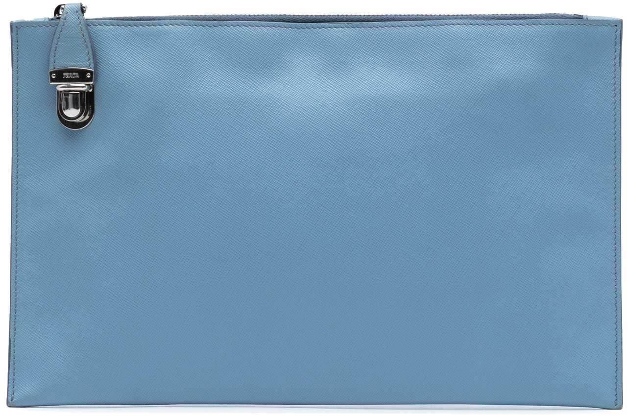 Prada Saffiano Lux Zip Clutch Blauw