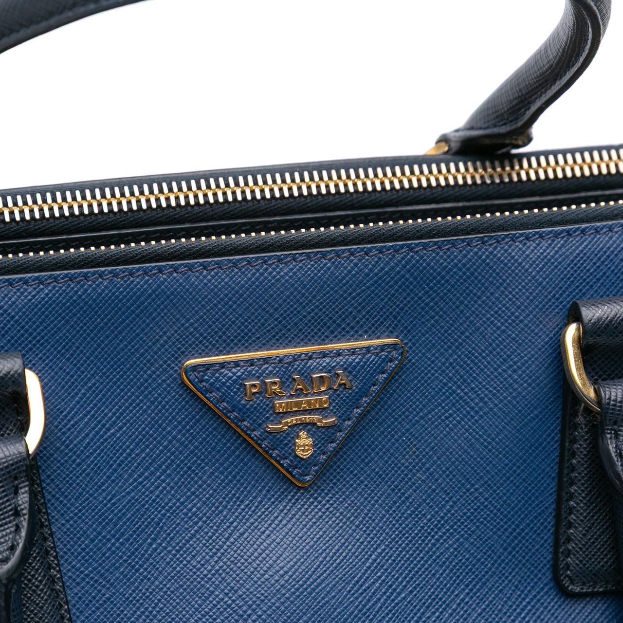 Prada Medium Bicolor Saffiano Lux Galleria Double Zip Satchel Blauw
