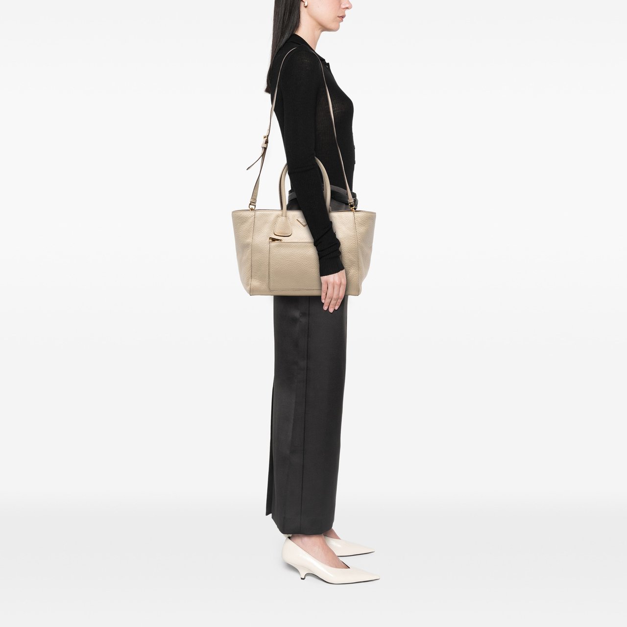 Prada Vitello Daino Front Pocket Open Convertible Tote Bruin