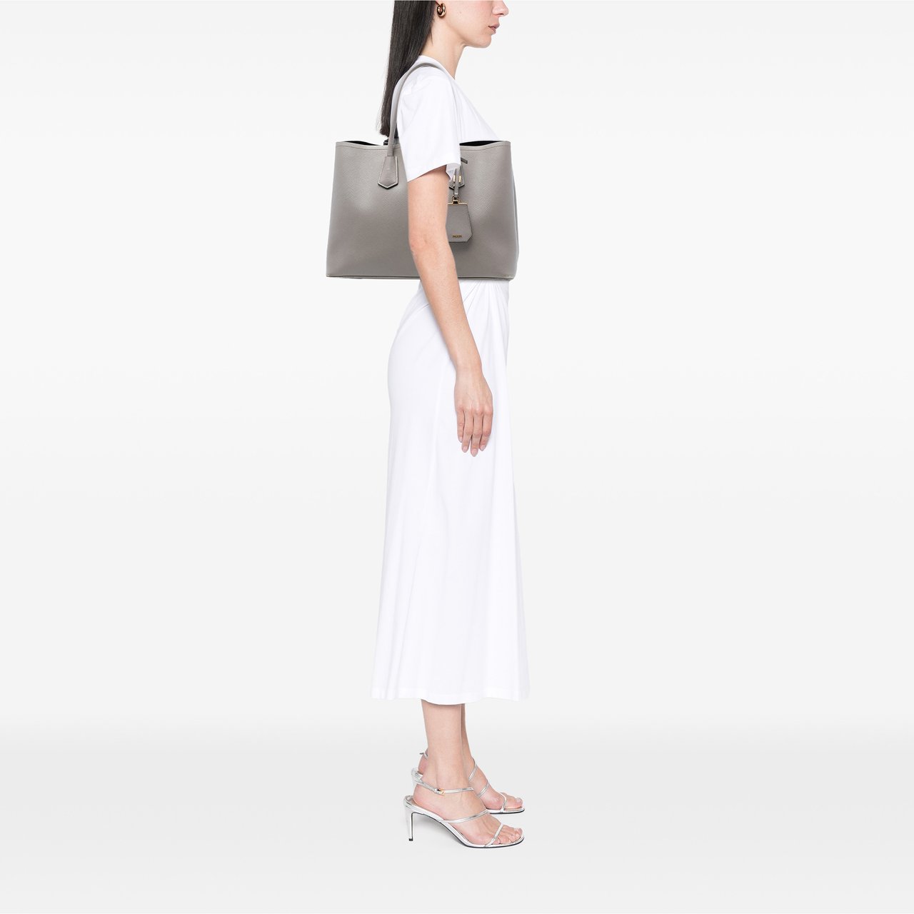 Prada Large Saffiano Cuir Double Satchel Grijs