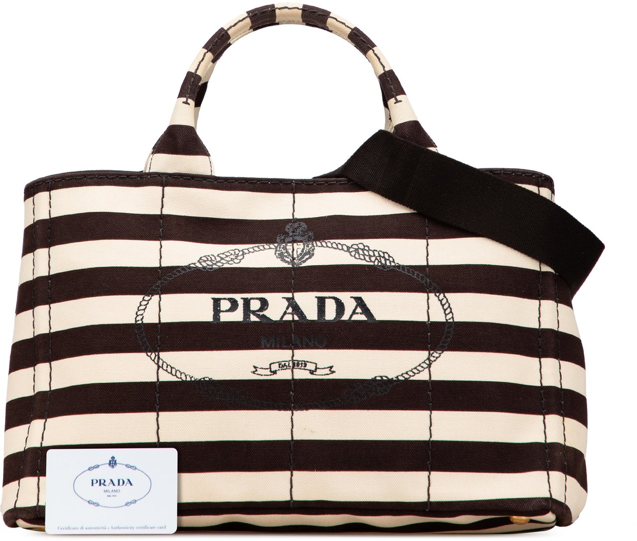 Prada Canvas Canapa Righe Striped Satchel Bruin
