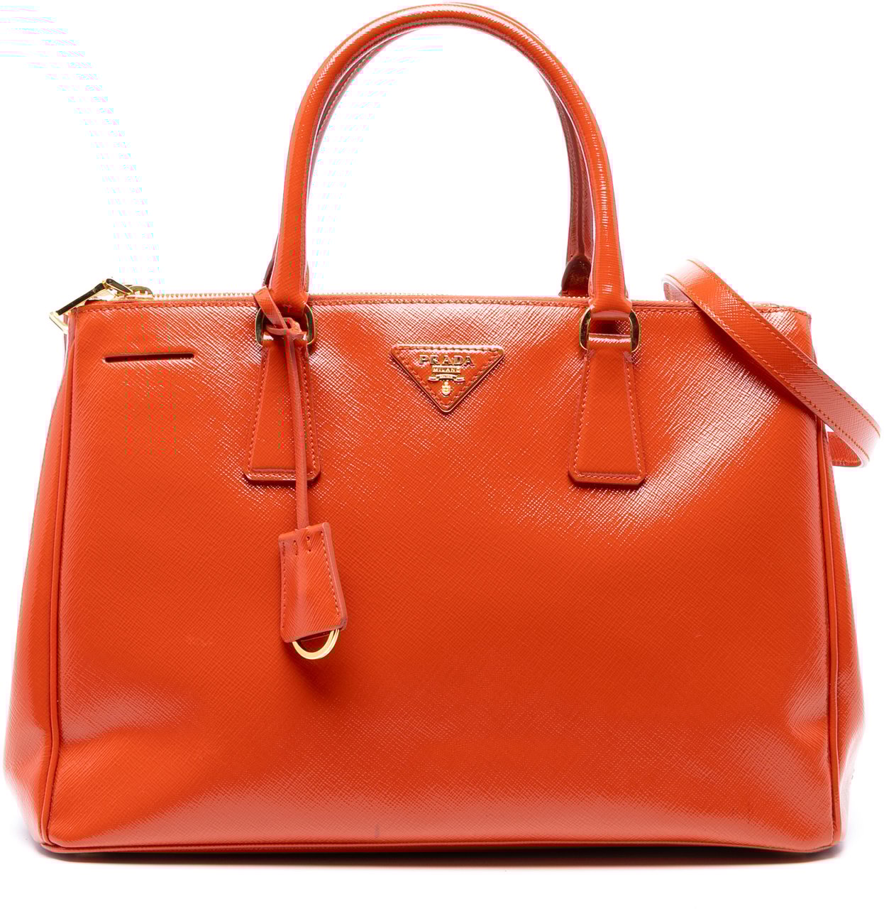 Prada Medium Saffiano Vernice Galleria Double Zip Satchel Oranje