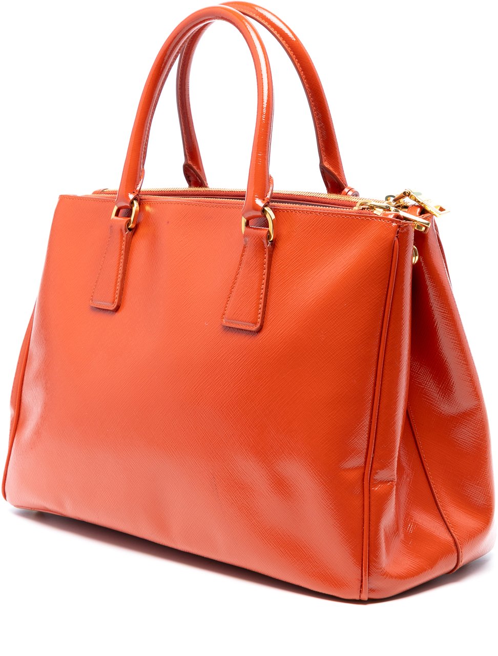 Prada Medium Saffiano Vernice Galleria Double Zip Satchel Oranje