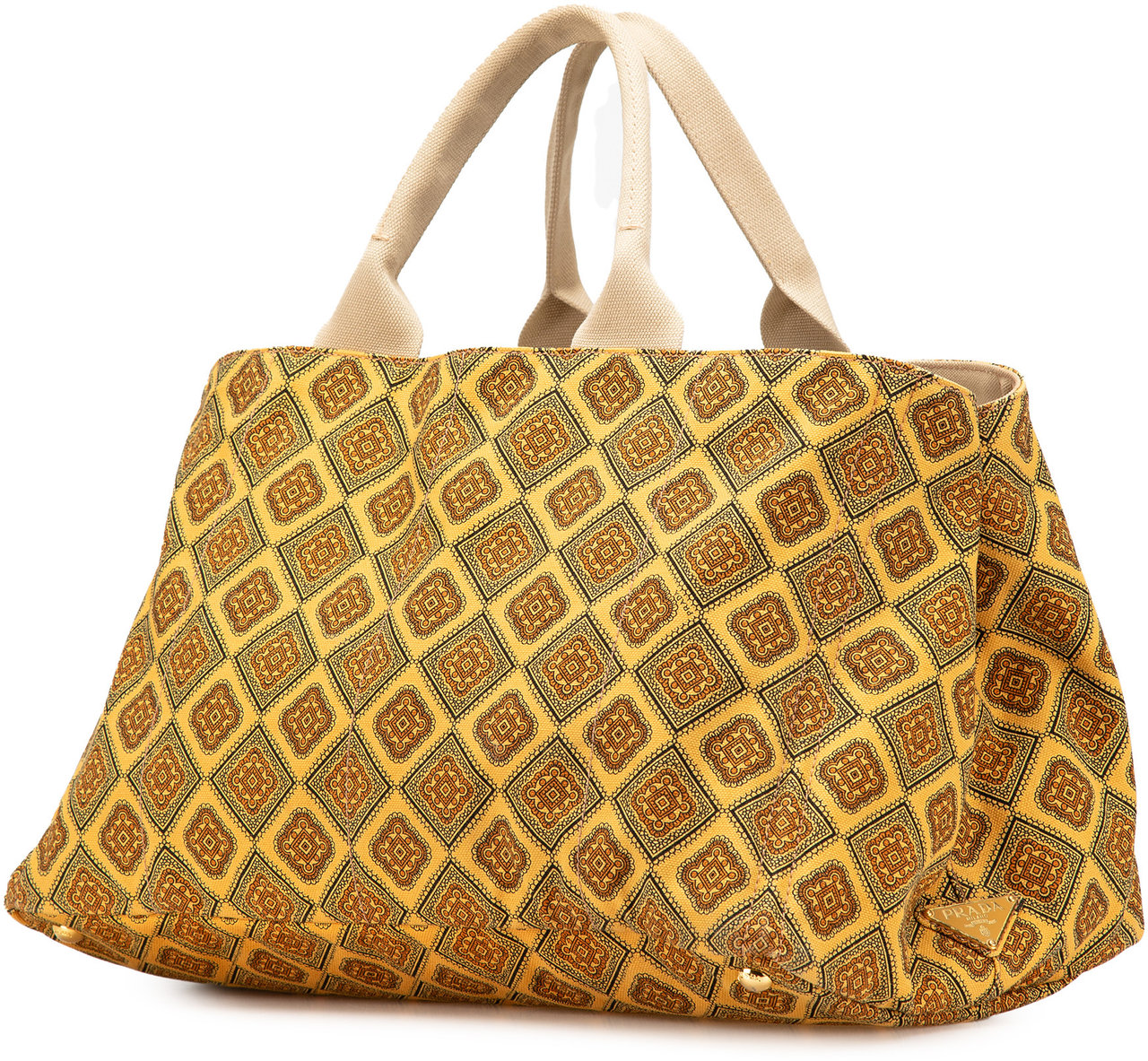 Prada Large Canvas Printed Canapa Satchel Geel